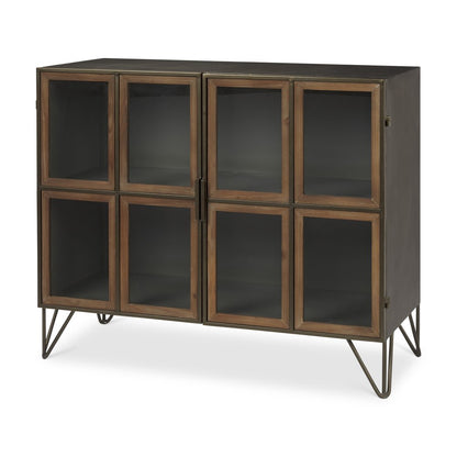 37" Antiqued Brass and Brown Metal and Solid Wood Accent Cabinet With Two Doors