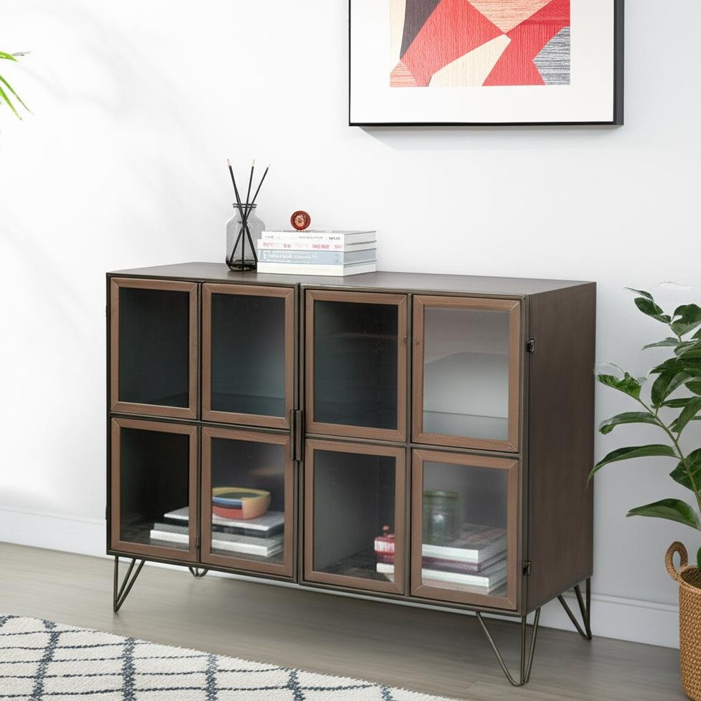 37" Antiqued Brass and Brown Metal and Solid Wood Accent Cabinet With Two Doors