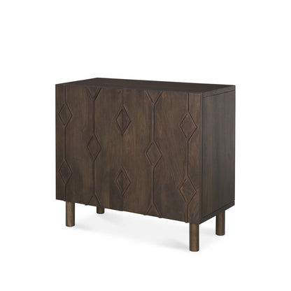 36" Dark Brown Solid Wood Carved Geometric Accent Cabinet With Two Doors
