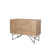 44" Natural and Black Solid Wood and Metal Carved Geometric Accent Cabinet With Two Doors