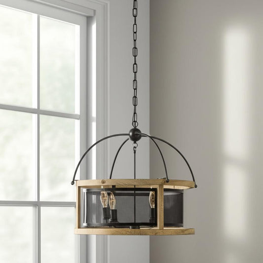 Black Caged Three Light Metal Dimmable Chandelier