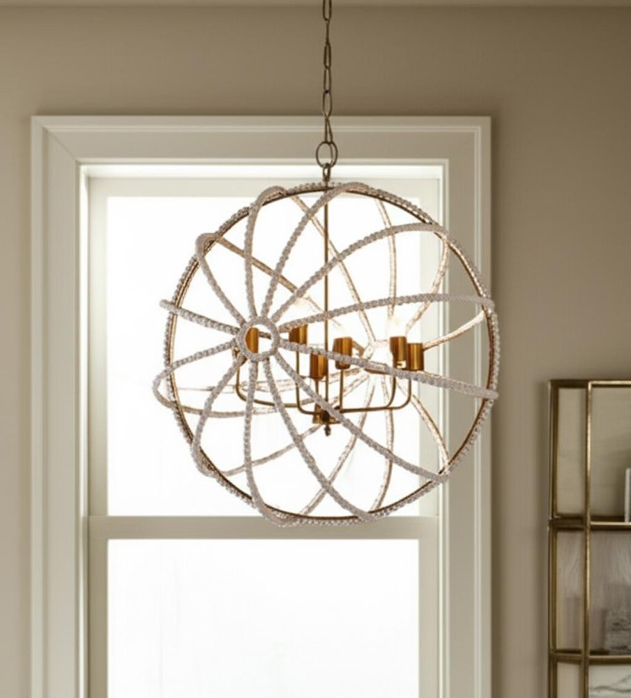 White And Gold Empire Six Light Metal and Beads Dimmable Chandelier