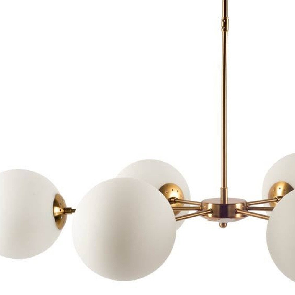 Gold Sputnik Six Light Frosted Metal Dimmable Chandelier With White Shades