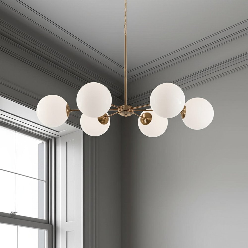 Gold Sputnik Six Light Frosted Metal Dimmable Chandelier With White Shades