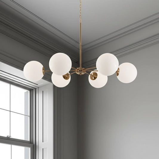 Gold Sputnik Six Light Frosted Metal Dimmable Chandelier With White Shades