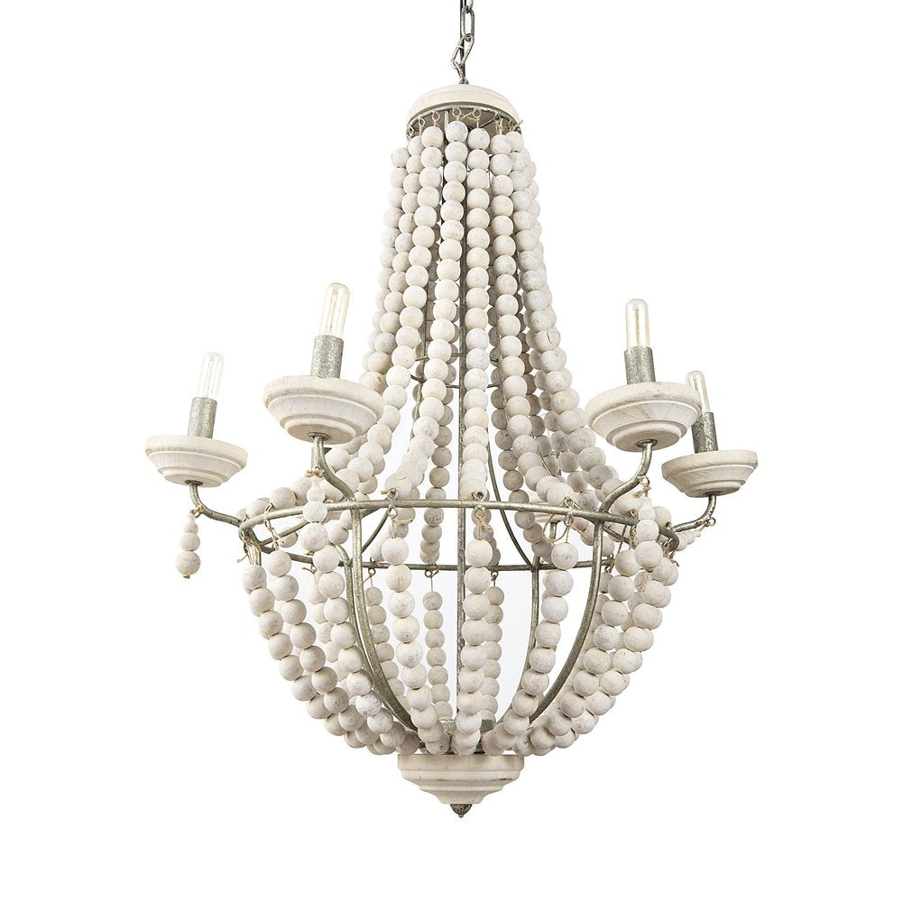 Silver And White Empire Six Light Metal and Beads Dimmable Chandelier