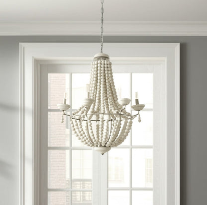 Silver And White Empire Six Light Metal and Beads Dimmable Chandelier