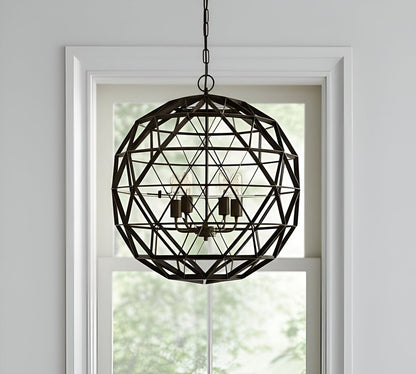 Black Caged Four Light Metal Dimmable Chandelier