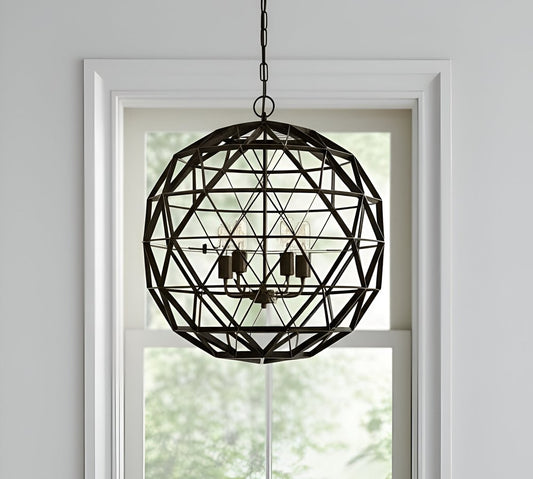Black Caged Four Light Metal Dimmable Chandelier