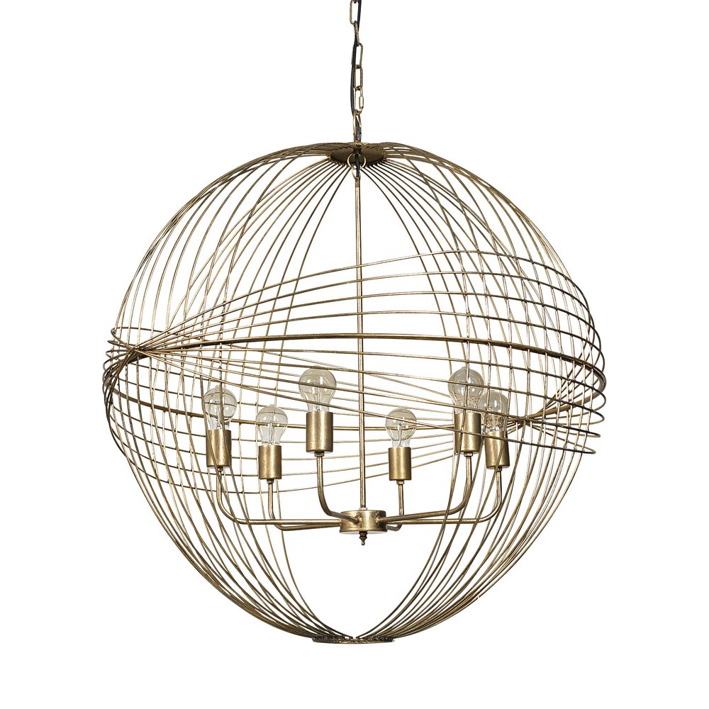 Gold Caged Six Light Metal and Glass Dimmable Chandelier With Gold Shades