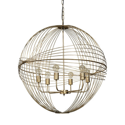 Gold Caged Six Light Metal and Glass Dimmable Chandelier With Gold Shades
