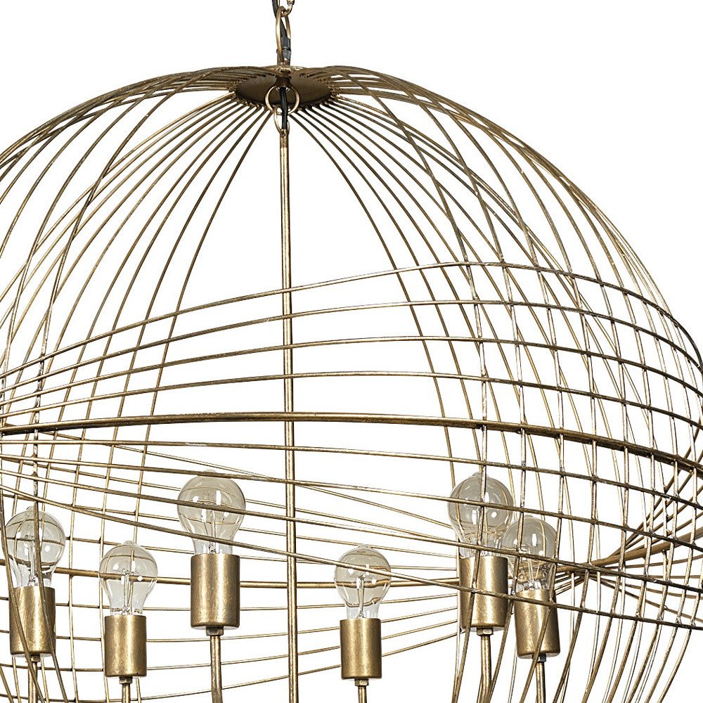 Gold Caged Six Light Metal and Glass Dimmable Chandelier With Gold Shades