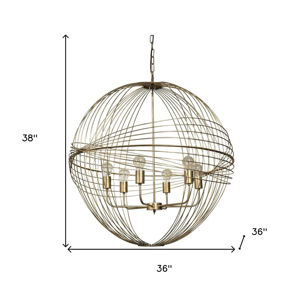 Gold Caged Six Light Metal and Glass Dimmable Chandelier With Gold Shades