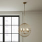 Gold Caged Six Light Metal and Glass Dimmable Chandelier With Gold Shades