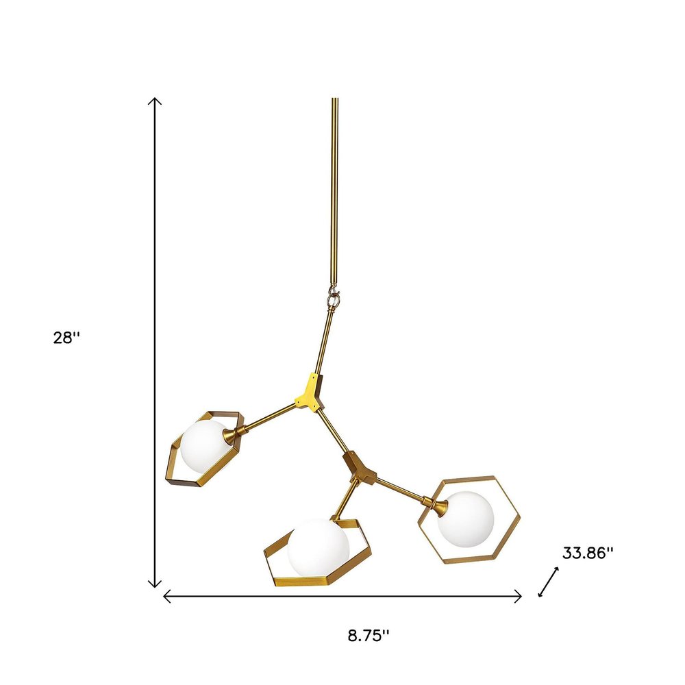 Brass Unique Statement Three Light Metal and Glass Dimmable Chandelier With White Shades