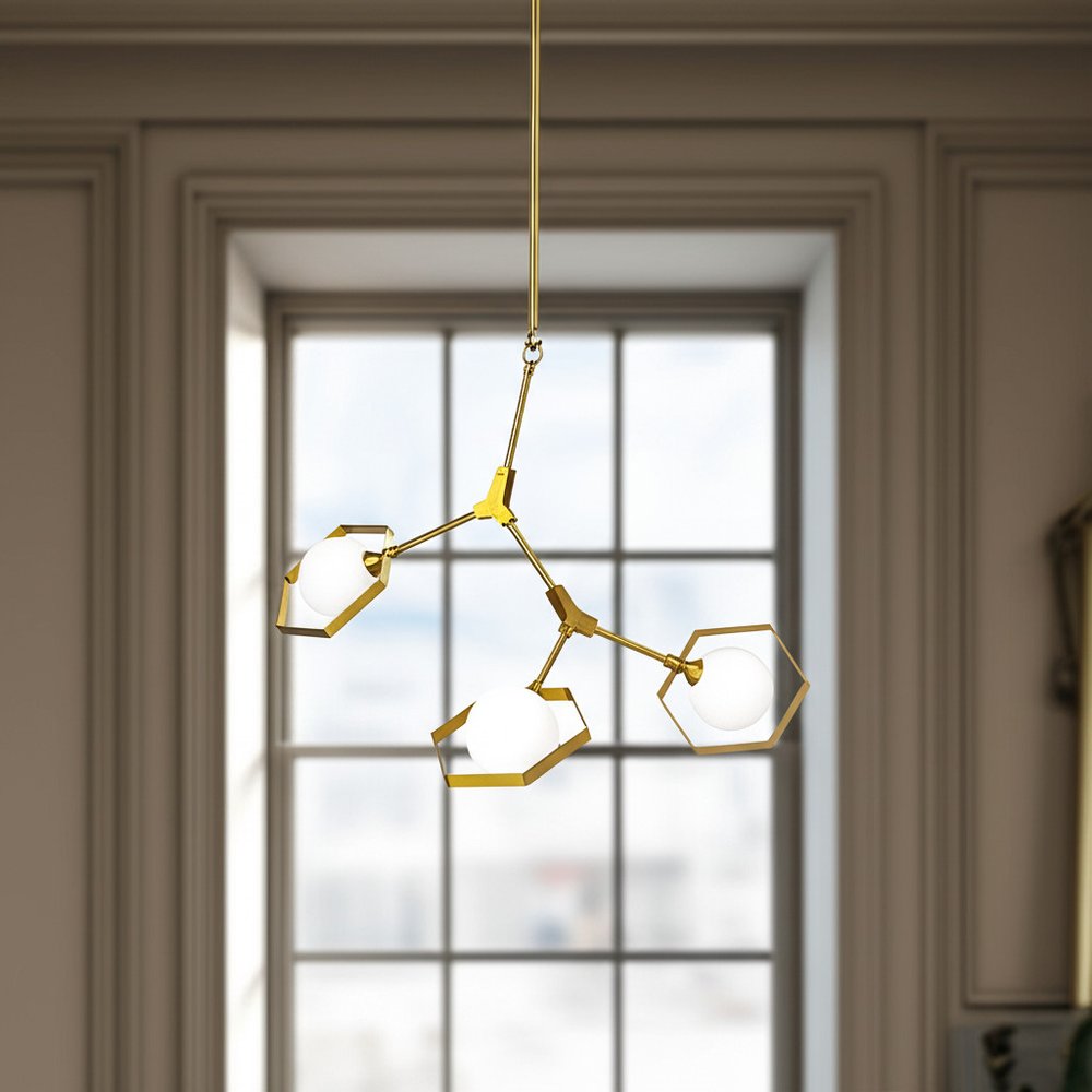 Brass Unique Statement Three Light Metal and Glass Dimmable Chandelier With White Shades