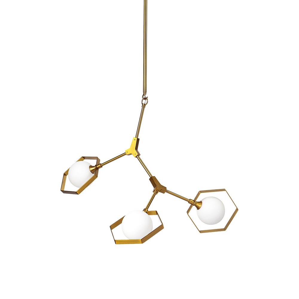 Brass Unique Statement Three Light Metal and Glass Dimmable Chandelier With White Shades