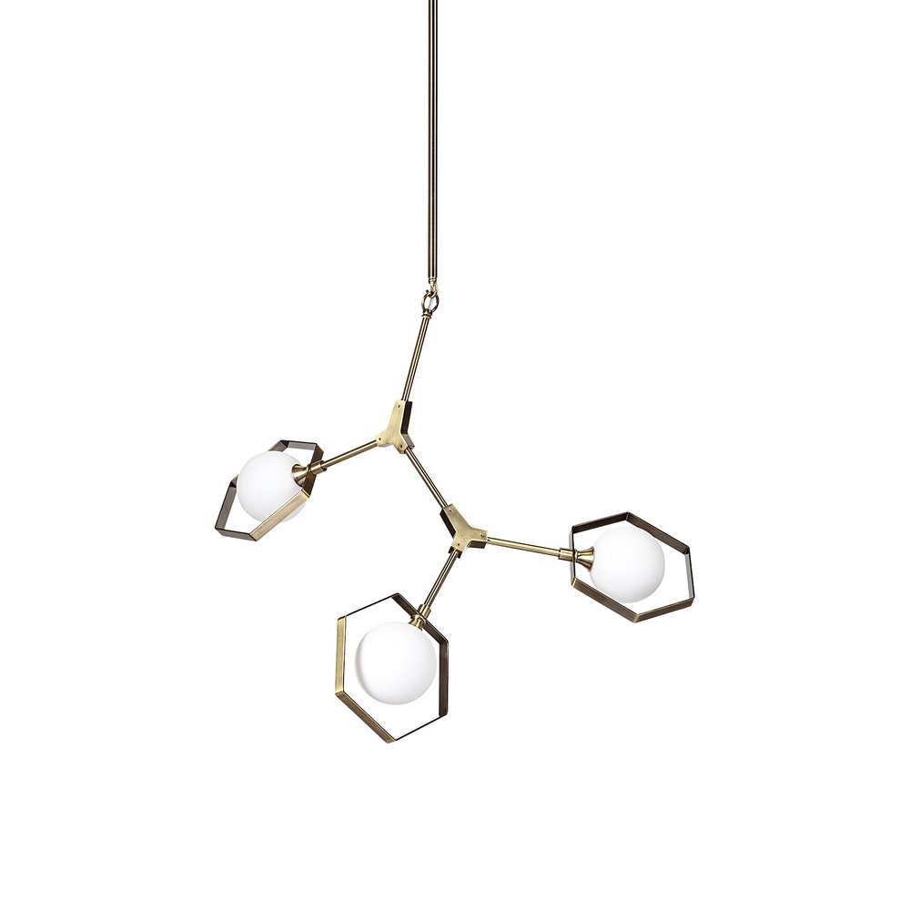 Champagne Unique Statement Three Light Metal and Glass Dimmable Chandelier With White Shades
