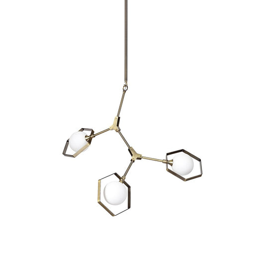 Champagne Unique Statement Three Light Metal and Glass Dimmable Chandelier With White Shades