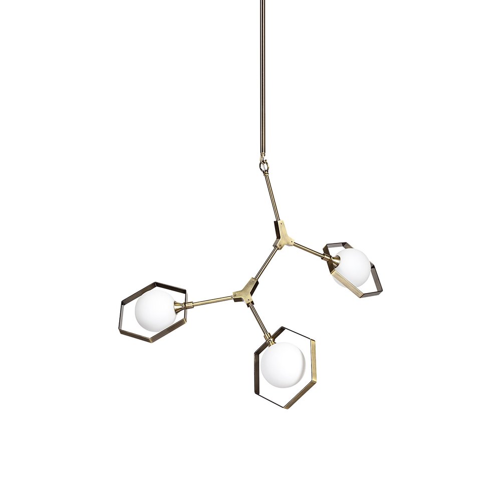 Champagne Unique Statement Three Light Metal and Glass Dimmable Chandelier With White Shades