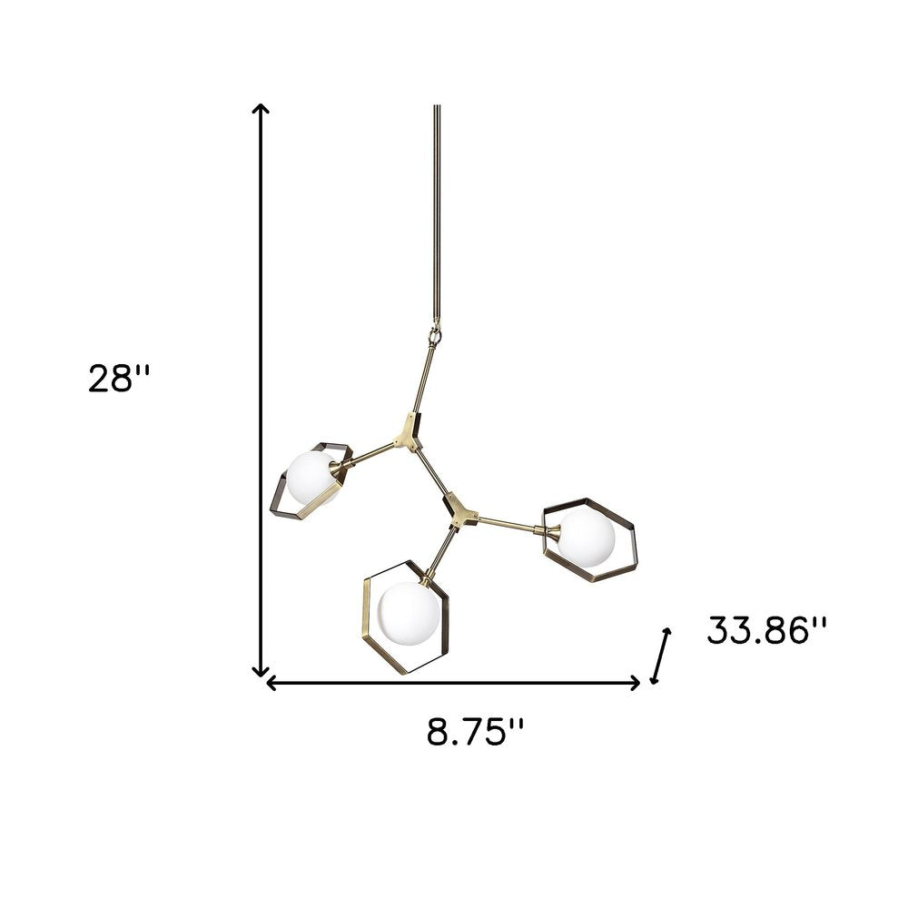 Champagne Unique Statement Three Light Metal and Glass Dimmable Chandelier With White Shades