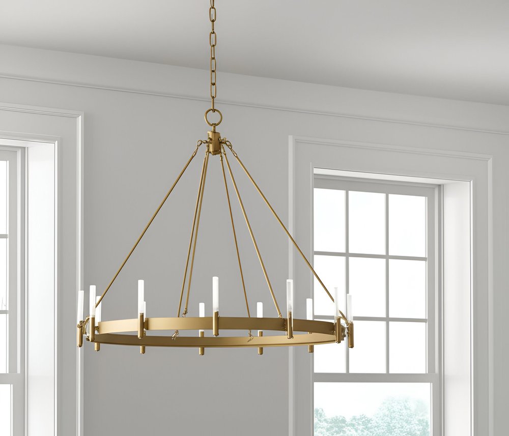 Gold And White Candle Style Twelve Light Glass Dimmable Chandelier