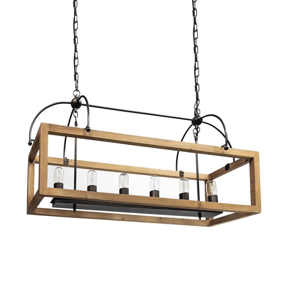 Natural And Black Candle Style Six Light Wood and Metal Dimmable Chandelier