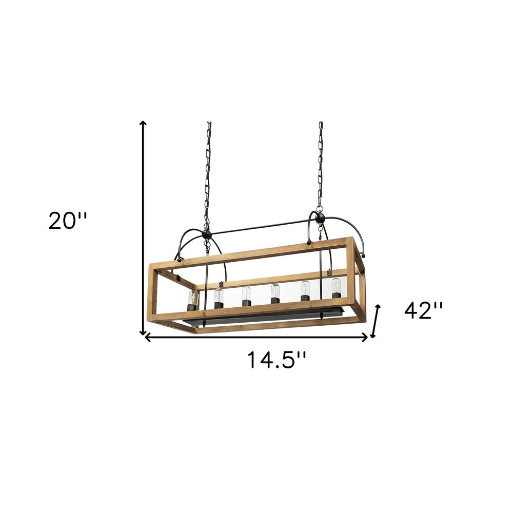 Natural And Black Candle Style Six Light Wood and Metal Dimmable Chandelier