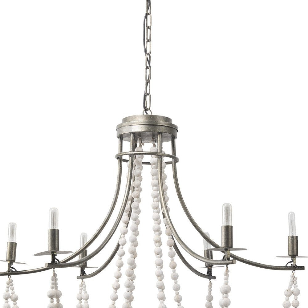 White And Silver Candle Style Six Light Metal and Beads Dimmable Chandelier