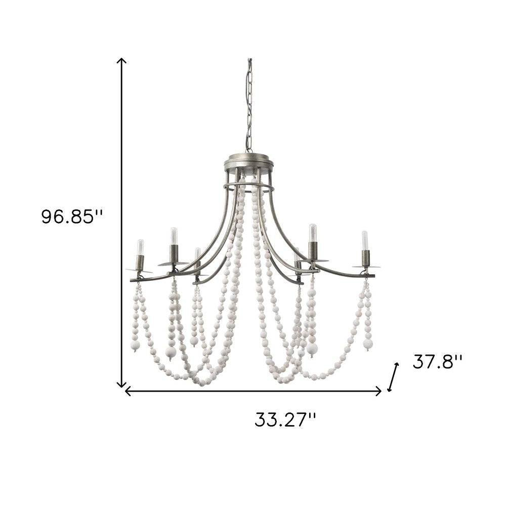 White And Silver Candle Style Six Light Metal and Beads Dimmable Chandelier