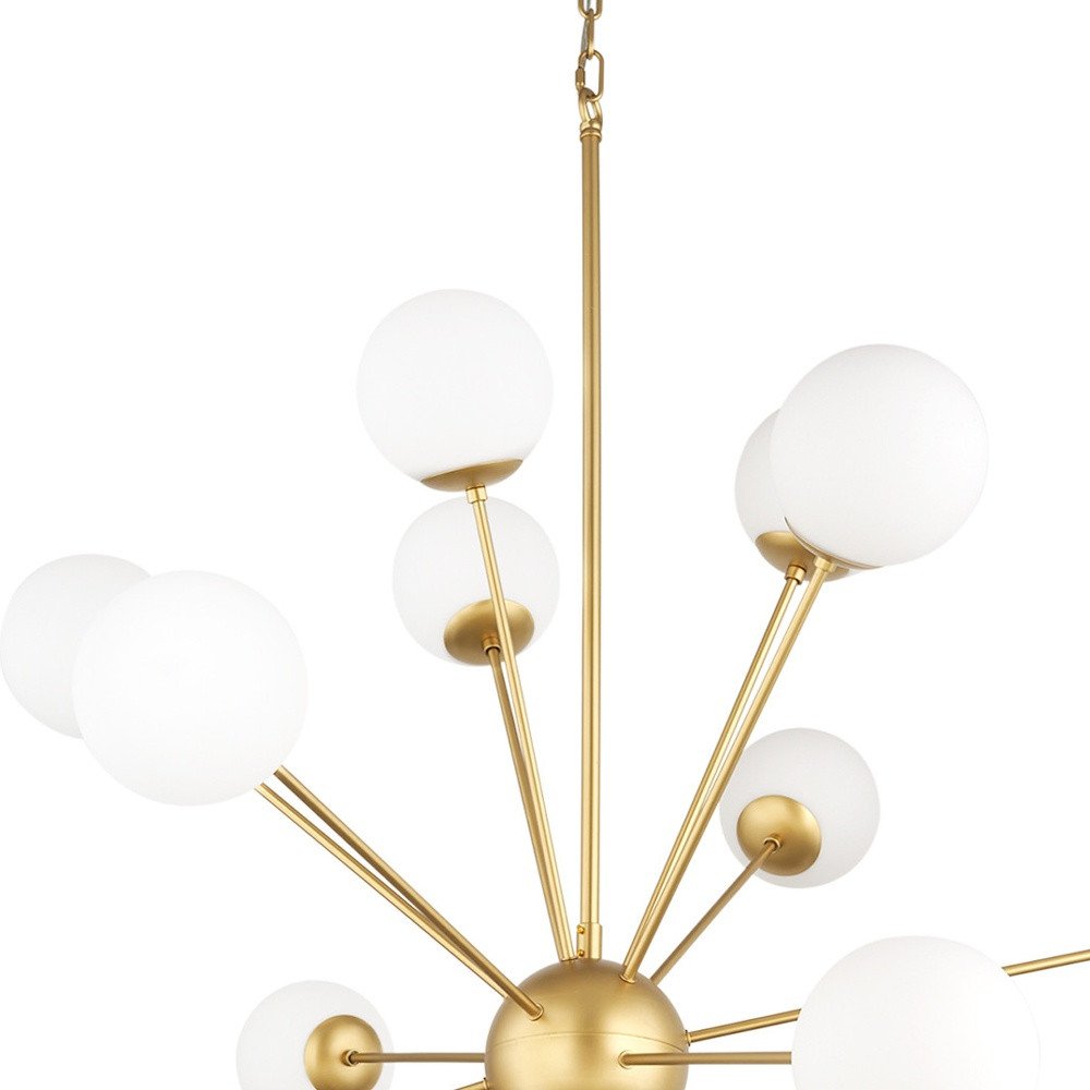 Gold Sputnik Multi Light Frosted Metal and Glass Dimmable Chandelier With White Shades