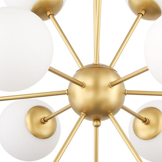 Gold Sputnik Eleven Light Frosted Metal and Glass Dimmable Chandelier With White Shades