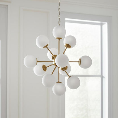 Gold Sputnik Eleven Light Frosted Metal and Glass Dimmable Chandelier With White Shades