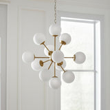Gold Sputnik Eleven Light Frosted Metal and Glass Dimmable Chandelier With White Shades