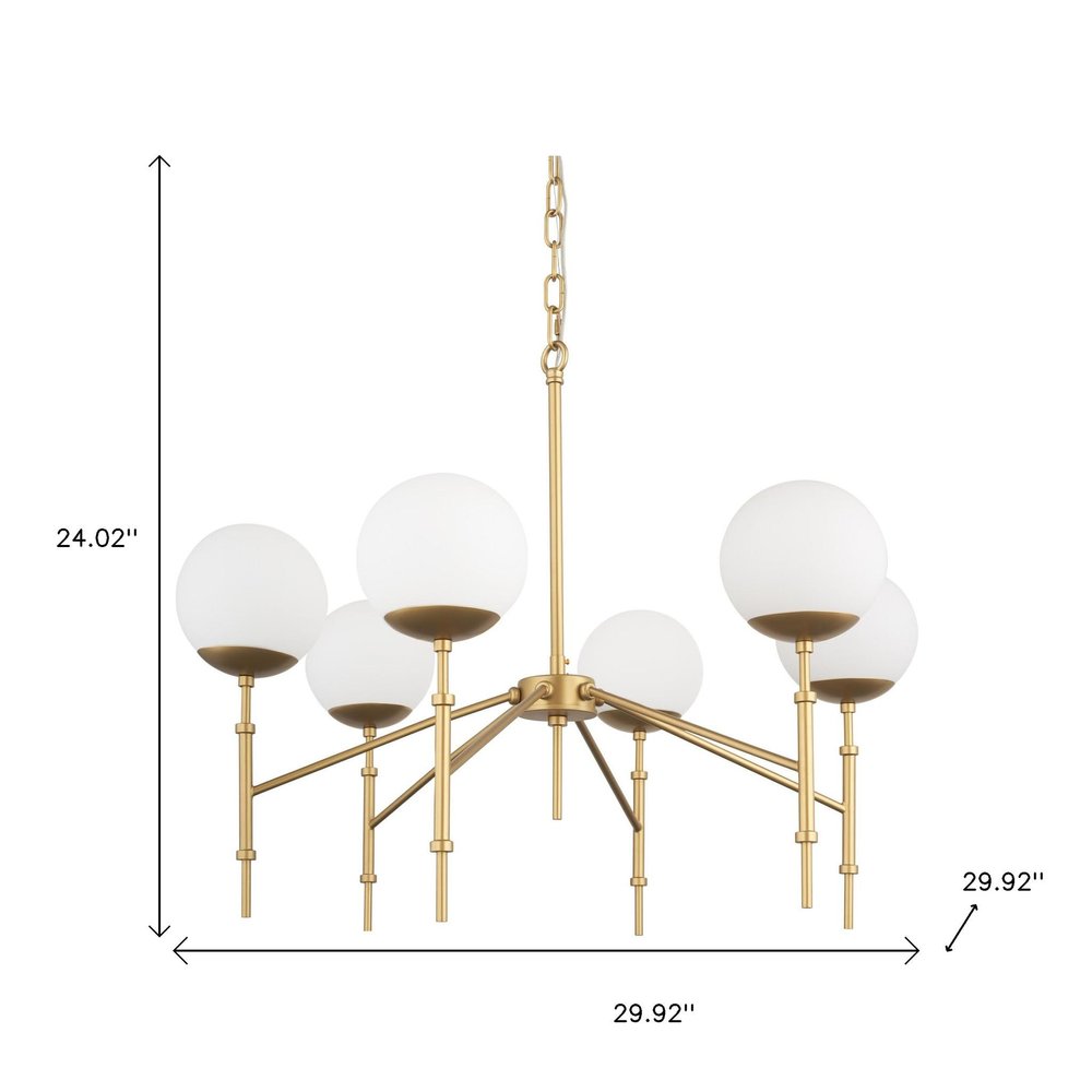 Gold Sputnik Six Light Frosted Metal and Glass Dimmable Chandelier With White Shades
