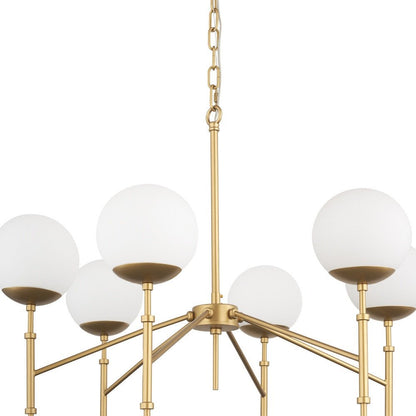 Gold Sputnik Six Light Frosted Metal and Glass Dimmable Chandelier With White Shades
