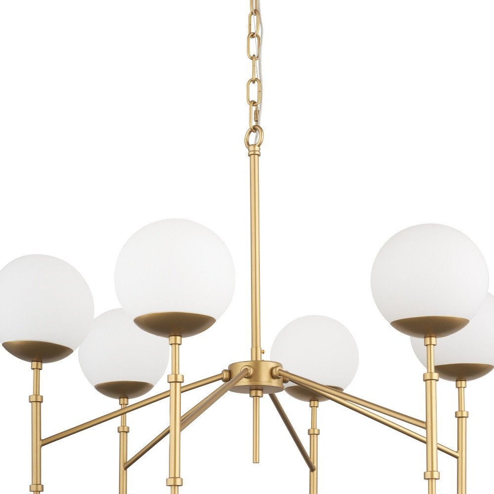 Gold Sputnik Six Light Frosted Metal and Glass Dimmable Chandelier With White Shades