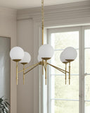 Gold Sputnik Six Light Frosted Metal and Glass Dimmable Chandelier With White Shades
