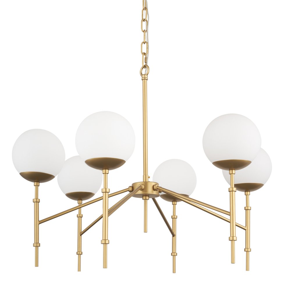 Gold Sputnik Six Light Frosted Metal and Glass Dimmable Chandelier With White Shades