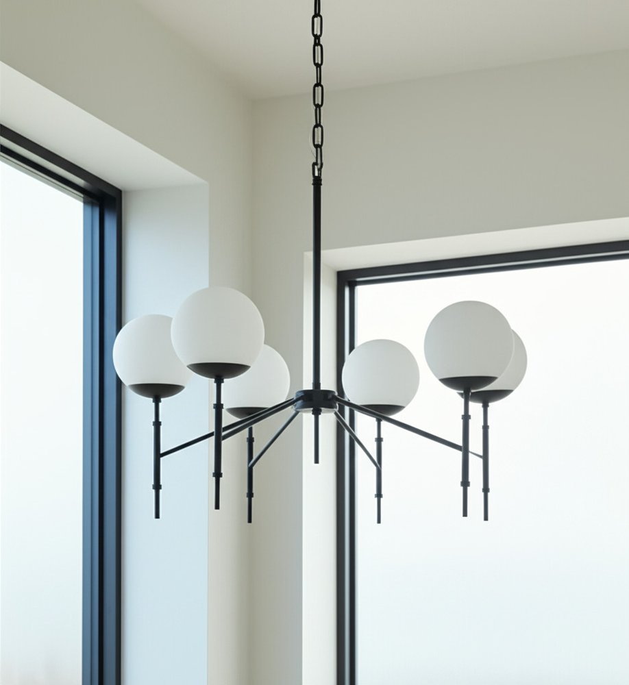 Black Sputnik Six Light Frosted Metal and Glass Dimmable Chandelier With White Shades