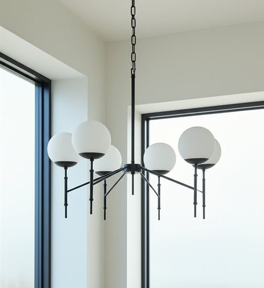 Black Sputnik Six Light Frosted Metal and Glass Dimmable Chandelier With White Shades