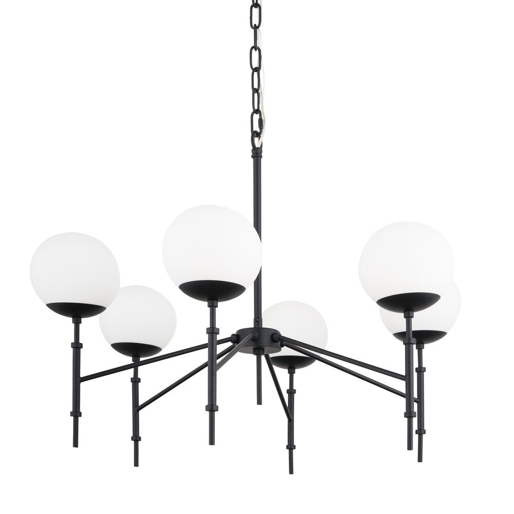 Black Sputnik Six Light Frosted Metal and Glass Dimmable Chandelier With White Shades