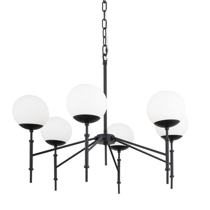 Black Sputnik Six Light Frosted Metal and Glass Dimmable Chandelier With White Shades
