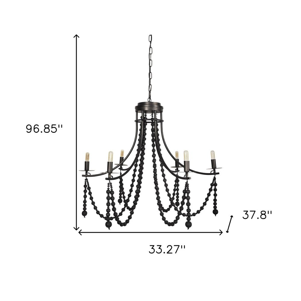 Black Candle Style Six Light Metal and Beads Dimmable Chandelier