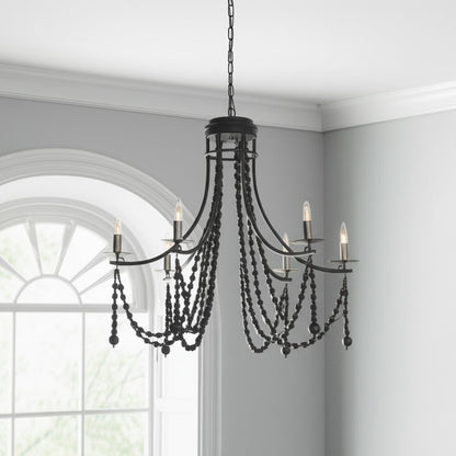 Black Candle Style Six Light Metal and Beads Dimmable Chandelier