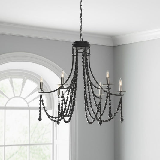 Black Candle Style Six Light Metal and Beads Dimmable Chandelier