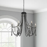 Black Candle Style Six Light Metal and Beads Dimmable Chandelier