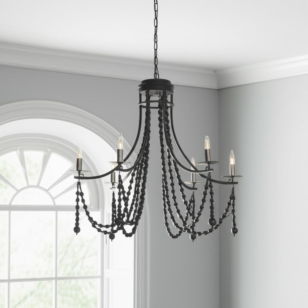 Black Candle Style Six Light Metal and Beads Dimmable Chandelier