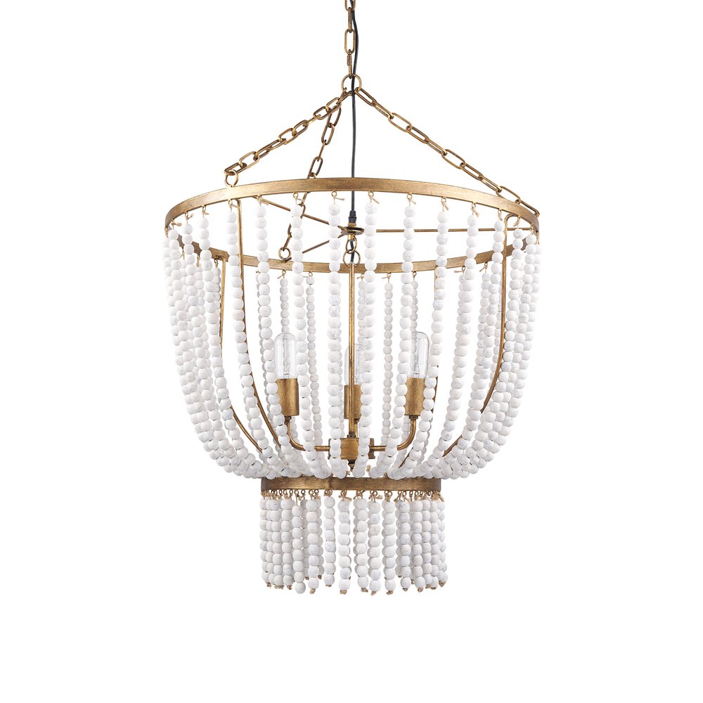 Gold And White Empire Three Light Metal and Beads Dimmable Chandelier