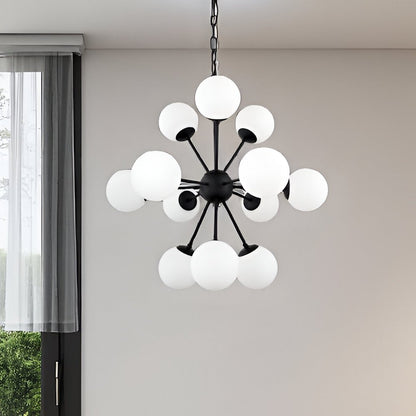 Black Sputnik Multi Light Frosted Metal and Glass Dimmable Chandelier With White Shades